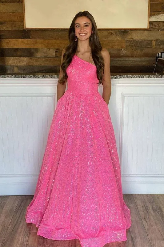 Sparkly Hot Pink One Shoulder Long Prom Dress Evening Dress,DS3268