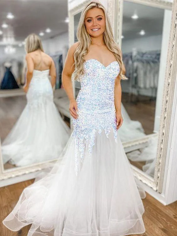 Charming Mermaid White Sequins Prom Dresses,Trumpet Net White Prom Dress,DS3432