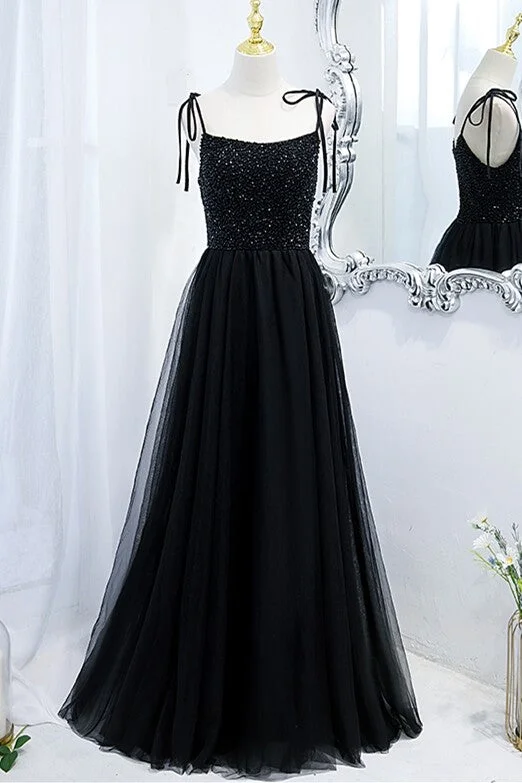 Black A-line Beaded Tulle Long Formal Dress,DS3475