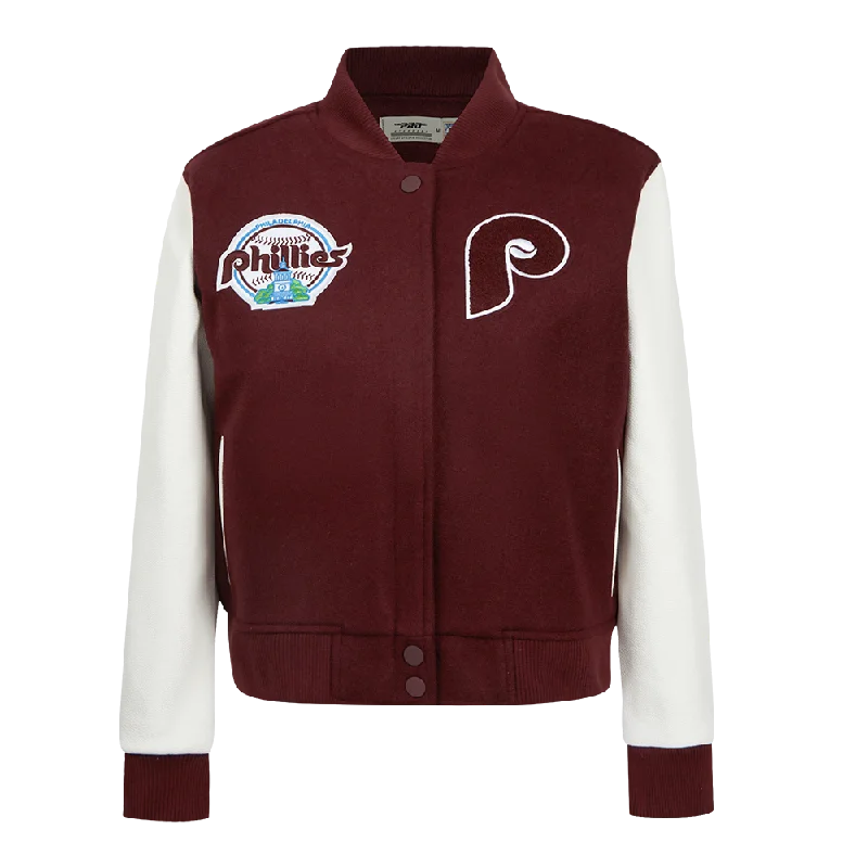 MLB PHILADELPHIA PHILLIES RETRO CLASSIC WOMEN'S WOOL VARSITY JACKET (WINE/WHITE)