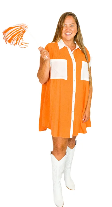 Gauze Orange and White Color Block Shirt Dress