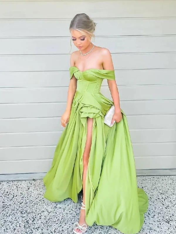 SIMPLE GREEN OFF SHOULDER SATIN LONG PROM DRESS, GREEN EVENING DRESS,DS3393