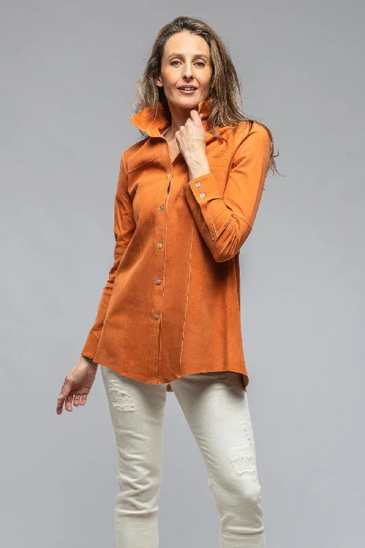 Olivia Long Suede Shirt w/ Pleated Back in Rust